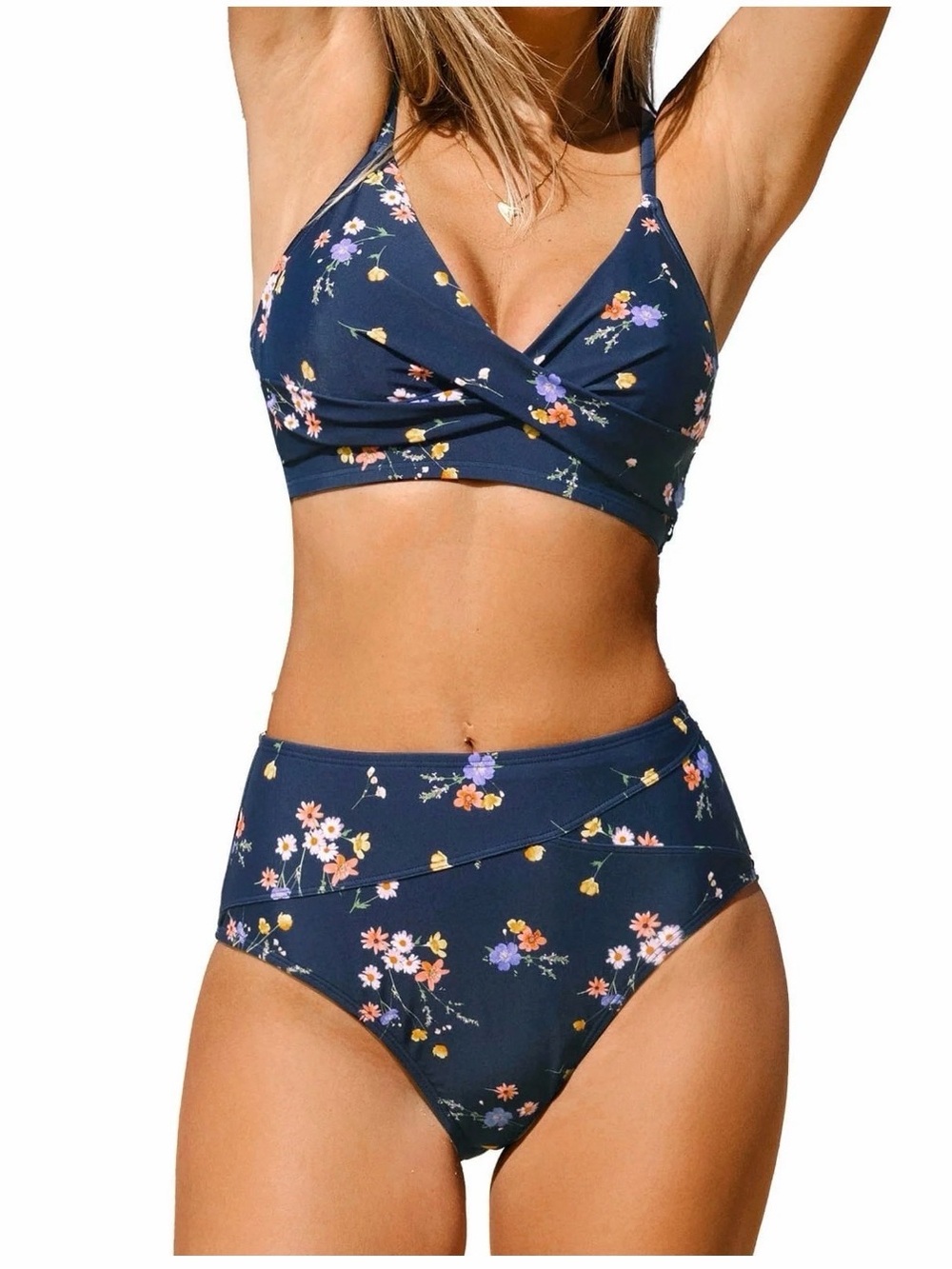 Cupshe Navy Floral High-Waist Bikini Set